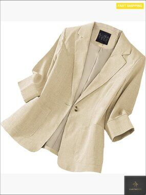 Lightweight Linen Blazer 3/4 Sleeve Notch Collar Fully Lined Office Jacket